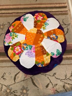 Handmade Patchwork Floral Round Pillow - Purple and Orange